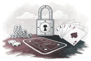 Ilustración de un tapete de casino con fichas, naipes de poker y un candado.