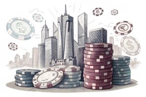 Dibujo de edificios rodeados de fichas de casinos.