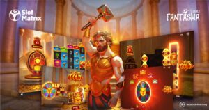 Creativo promocional de SlotMatrix para el juego Vulcan’s Gold, con una forja ardiente y tonos dorados que evocan fuego y metal fundido.