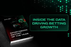 Una imagen con el título "‘INSIDE THE DATA DRIVING BETTING GROWTH [DENTRO DE LOS DATOS QUE IMPULSAN EL CRECIMIENTO DE LAS APUESTAS], junto a un libro titulado "SPORTSBOOK REPORT OF THE YEAR" [INFORME DEL AÑO SOBRE APUESTAS DEPORTIVAS] que lleva el logotipo de DATA.BET.