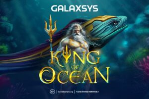 Pieza gráfica con el título del nuevo juego de Galaxsys, "King of Ocean", una ilustración de Poseidón y un animal marino detrás.