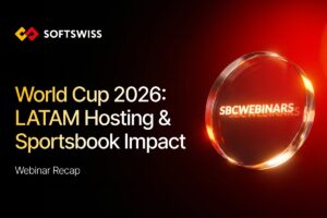 Campaña de seminarios web de SOFTSWISS y SBC para la Copa del Mundo de 2026, centrada en los mercados de apuestas deportivas de América Latina con gráficos inspirados en el fútbol y la imagen de marca del evento.
