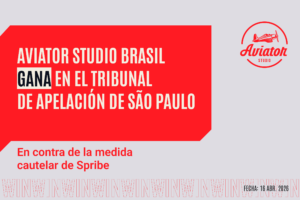 Un gráfico informativo sobre un fondo gris claro que anuncia una victoria legal. Un gran recuadro rojo contiene el titular: "AVIATOR STUDIO BRASIL GANA EN EL TRIBUNAL DE APELACIÓN DE SÃO PAULO". Debajo se lee: "En contra de la medida cautelar de Spribe". El diseño incluye el logotipo de Aviator Studio con un icono de avión en la parte superior derecha, la fecha "16 ABR. 2026" y un patrón decorativo con la palabra "WIN" repetida en la base.