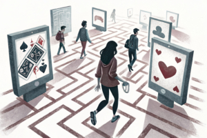 A group of young silhouettes navigate through a maze of digital screens, some glowing with online gambling platforms, while others remain dark and inactive.