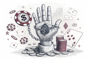 A giant hand restricts a flow of digital coins, representing the struggle with compulsive gambling and financial difficulties.