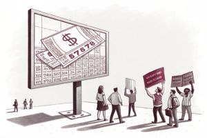 A towering digital screen casts a shadow over a fading traditional lottery ticket, while a small group of vendors stand in protest.