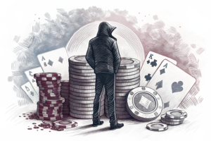 A shadowy figure stands between a stack of digital chips and a group of hidden players, symbolizing the clandestine operation of illegal gambling.