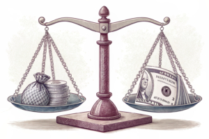 A scale with a heavy side representing financial gains outweighing a lighter side symbolizing social contributions.