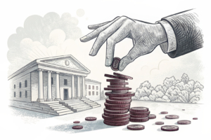 A giant hand imposes a limit over a stack of digital tokens that fade away, symbolizing the judicial decision to resume the auction of a neglected and deteriorating property.