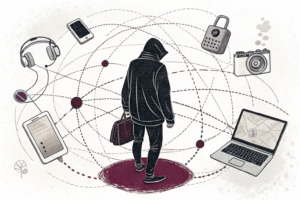 A shadowy figure surrounded by digital devices and luxury items, with a web of influencers leading to a maze of uncertainty.