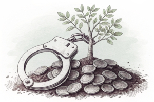 A pair of intertwined handcuffs restricts the growth of a tree sprouting from a pile of digital coins.