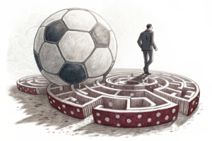 A giant soccer ball rolls over a digital maze of gambling chips, while a shadowy figure watches from afar.