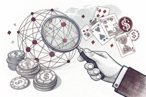 A hand holding a magnifying glass examines a tangled web of interconnected digital threads representing responsible gaming and prevention of gambling addiction.