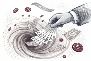 A hand releases a stream of lottery tickets into a swirling vortex, symbolizing the transfer of funds for public calamities.
