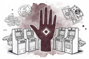 A large, imposing hand restricts a group of digital gambling machines, while mismatched commercial patents float around in the background.