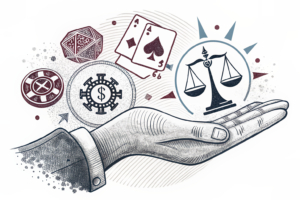 A hand holding a diverse set of abstract shapes symbolizing innovation, regulation, and responsibility in the gambling industry.