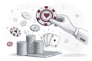 A hand holding a digital gambling chip hovers over a fading stack, symbolizing potential revenue from online betting.