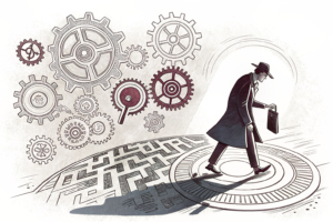 A mysterious figure casts a shadow over a maze of interconnected gears symbolizing the lack of transparency in the licensing processes of certain industries.