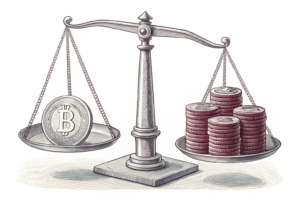 A scale balancing a stack of digital coins with a heavy weight on one side and a light weight on the other.