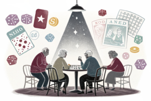 A group of diverse silhouettes of elderly people playing bingo under a vibrant spotlight, surrounded by colorful abstract shapes representing community and entertainment.