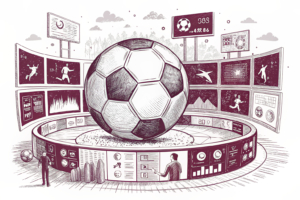 A large soccer ball surrounded by a ring of digital screens displaying live match statistics and player profiles.