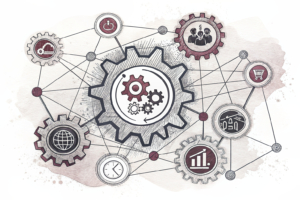 A network of interconnected gears symbolizing support and efficiency, with a central gear representing the provincial sales network.