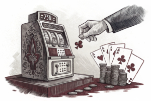 A digital hand hovers over a fading traditional slot machine, symbolizing the shift towards online gambling.