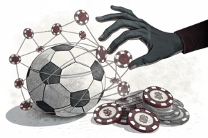 A digital soccer ball surrounded by a web of interconnected betting chips, with a shadowy hand controlling the flow of money.