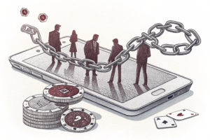A broken chain locks a group of digital influencers inside a giant smartphone, surrounded by shadowy figures representing illegal gambling operators.