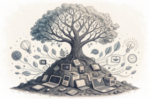 A tree of knowledge grows from a pile of technological equipment, symbolizing the empowerment of educational and community organizations.