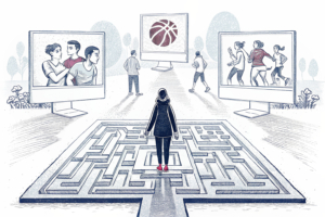 A digital maze surrounds a group of young people, with pathways leading to screens displaying sports events and money symbols, while a shadowy figure lurks in the background.