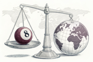 A scale balancing between a traditional lottery ball and a digital prediction market globe, symbolizing the regulatory challenges between established and emerging forms of gambling.