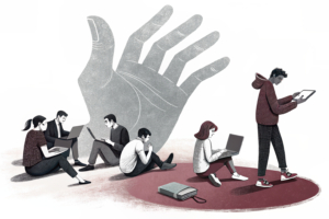 A giant hand casts a shadow over a diverse group of people engaging in various forms of digital communication and entertainment, symbolizing the looming restrictions on promotional activities in the betting sector.