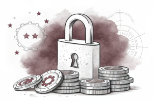 A digital lock hovers over a stack of virtual coins, symbolizing the need for national agencies to strengthen measures against illegal online gambling.