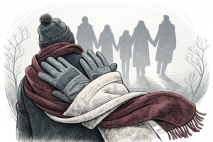 A pair of hands made of winter clothing and blankets embrace a group of shadowy figures in need of warmth and comfort.