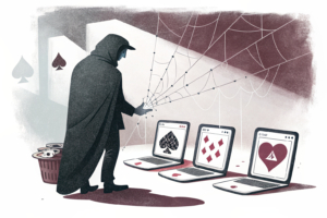 A shadowy figure casts a web of darkness over a group of digital devices displaying gambling activities, while a faint light struggles to break through.