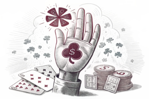A giant hand stops the flow of digital lottery tickets, while a glowing symbol of luck hovers above.