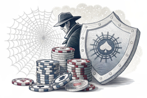 A tangled web of digital gambling chips is ensnared by a giant, protective shield while a shadowy figure lurks in the background.
