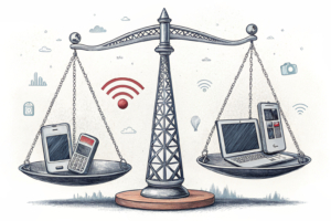 A scale balancing traditional broadcasting towers and digital media devices, symbolizing the clash between old and new regulations in the media industry.