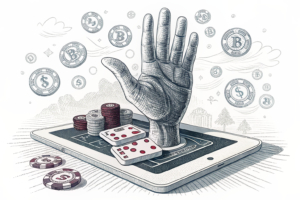 A giant hand casts a shadow over a digital gambling platform, blocking the flow of virtual money.
