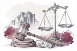 A scale weighing a stack of digital prediction markets against a gavel representing federal regulation.