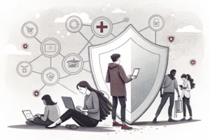 A digital shield surrounds a group of diverse users engaging in online activities, while shadowy figures lurk outside the protective barrier.