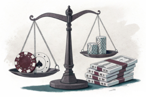 A scale balancing between a shadowy digital casino and a stack of fading legal documents.