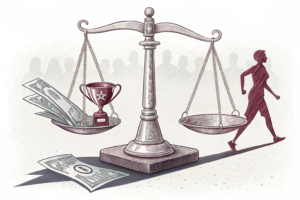 A scale weighing integrity and deception tips towards a shattered sports trophy, while a shadowy figure lurks in the background.