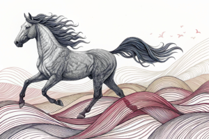 A majestic horse gallops through a dreamlike landscape of vibrant colors and flowing lines, symbolizing the revival of a historical tradition in the city.