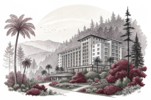 A luxurious hotel complex surrounded by a lush, thriving ecosystem, showcasing sustainable practices and modern amenities.