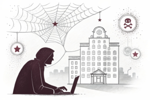 A shadowy figure casts a deceptive web over a silhouette of a hotel, with fake testimonials floating around, symbolizing the impact of online scams on brand reputation.