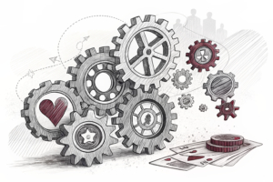 A group of interconnected gears symbolize the seamless integration and efficiency of the gaming and casino management system.