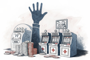 A towering hand casts a shadow over a collection of confiscated gambling machines, symbolizing the crackdown on illegal casinos.