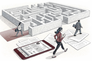 A group of abstract figures navigate through a maze of paperwork and digital platforms, symbolizing the strategic planning and meticulous preparation required for international certification in the lottery industry.
